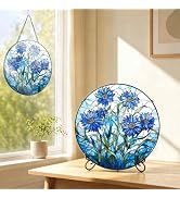 Stained Glass Window Hanging - Blue Cornflower Suncatcher for Window Door Hang or Stand Home Deco...