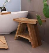 Nordic Style Natural Teak Shower Stool and Bench with Curved Seat and Shelf
