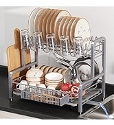2 Tier Dish Drainers Drying Rack for Kitchen Counter Large Stainless Steel Dishes Drain with Drai...