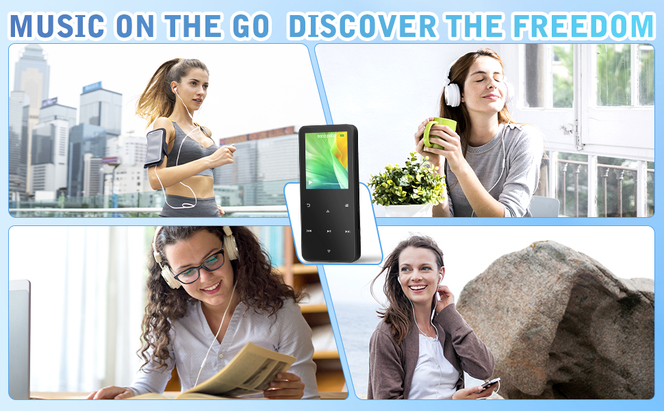 Portable music player advertisement showing lifestyle scenes with text 'Music on the Go Discover the Freedom' and black device with green screen display.