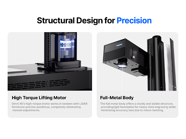 Text reads 'Structural Design for Precision'. Series of technical product photos showing metal components and mechanical parts of what appears to be manufacturing equipment.