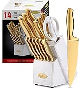 Knife Set-Marco Almond MA21 Luxury Golden,Titanium Coated 14 Pieces Stainless Steel Hollow Handl...