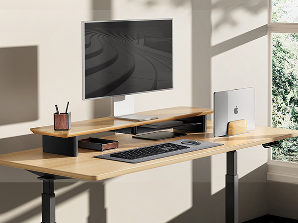 home office workspace wood vertical laptop stand holder walnut desk