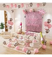 Pink Happy Birthday Decorations for Women and Girls – Pink and Silver Balloons, Happy Birthday Ba...