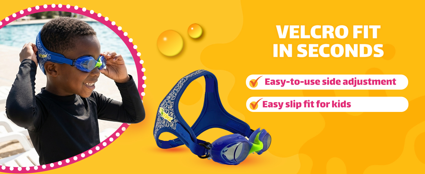 Boy adjusting blue kids swimming goggles using the easy velcro strap