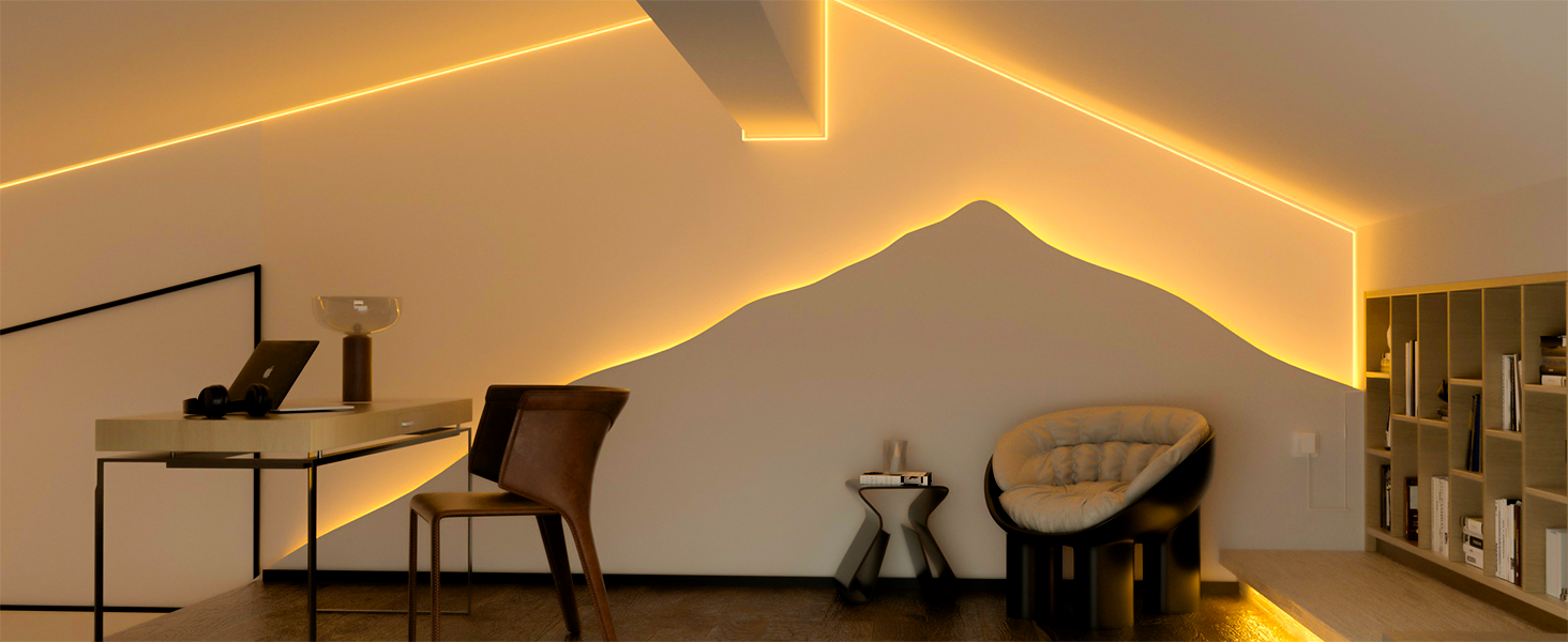 Modern room interior with LED strip lighting creating warm ambient glow along ceiling edges, featuring minimalist furniture and decor.