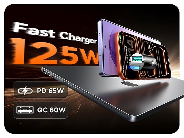 super fast charging, total 125W, includes dual port, pd 65w and qc 60w