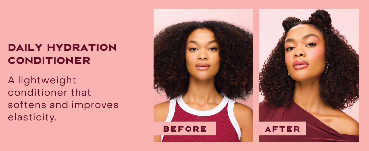 Two images of the same woman comparing her hair before and after applying our conditioner.