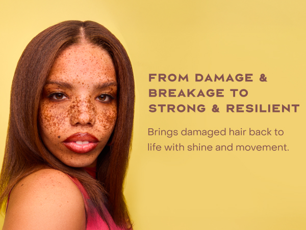 Image of a black woman with freckles &amp; straight hair next to text about strong, resilient hair.