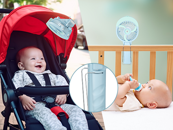 Portable baby fan with flexible arms attached to stroller and crib. Inset shows cylindrical misting bottle for cooling.