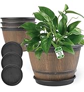 10-inch-Plant-Pots-Indoor-Outdoor, 4 Pack Whiskey Barrel Planters with Drainage Holes &amp; Saucer, P...