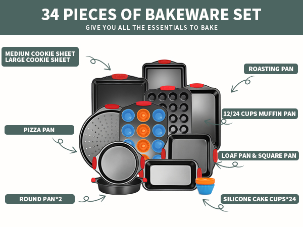 bakeware sets- baking &amp; cookie sheet, muffin, cake round &amp; square pan pizza, loaf, roasting pan