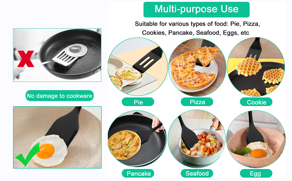 The spatula set does not damage cookware and is versatile