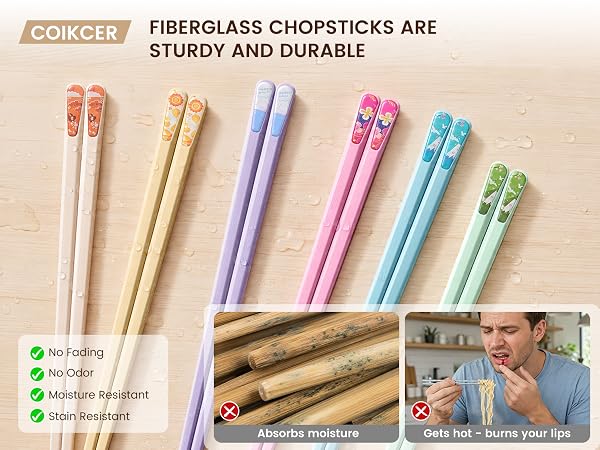 Coikcer fiberglass chopsticks, moisture stain fade resistant sturdy reusable tableware