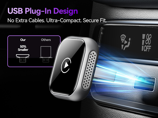 USB plug-in wireless CarPlay adapter compact design with no extra cables