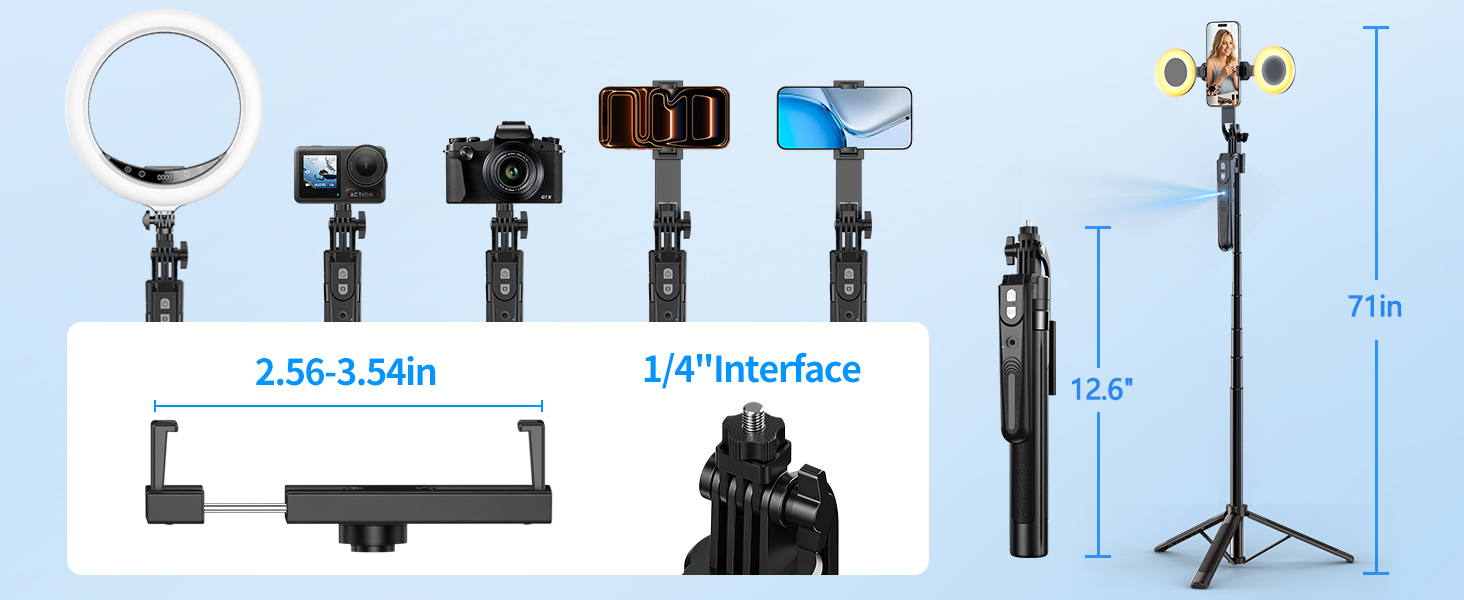 Text reads: '2.56-3.58in', '1/4" interface'. Mobile content creation kit displaying ring light, camera tripod stand, phone holder, microphone, stabilizer, and remote control equipment with labeled measurements.