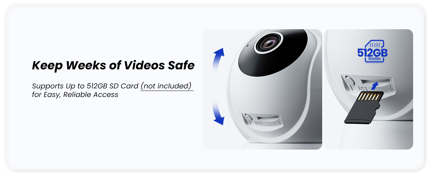 White pan-and-tilt indoor security camera with 512GB SD card slot shown for video recording storage