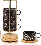 Peohud Set of 4 Espresso Cup with Metal Stand, 6 Ounce Stackable Cappuccino Cups with Saucers, Po...