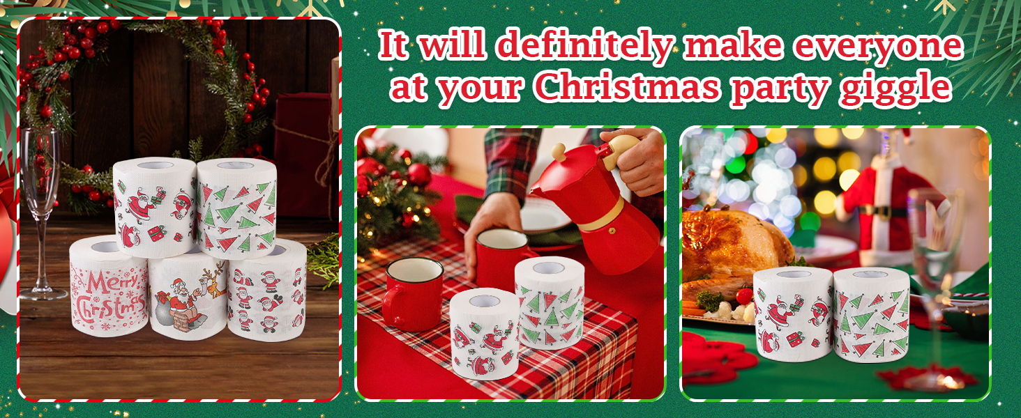 5 Rolls Christmas Toilet Paper Roll Tissue Napkin Santa Tree Pattern for Xmas Holiday