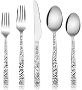 Hammered Silverware Set, E-far 40-Piece Stainless Steel Square Flatware Set for 8, Metal Tablewar...