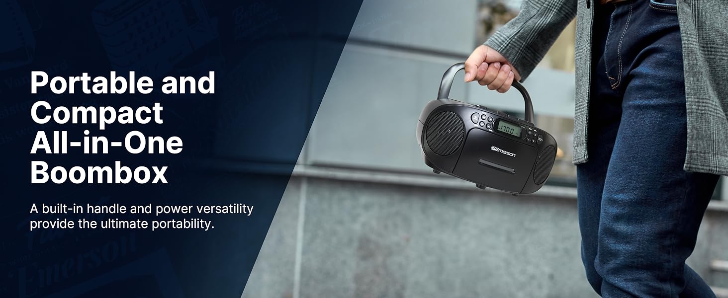 Portable Compact All-In-One Boombox. Built-in Handle and battery power offers versatile portability