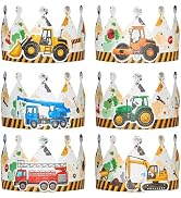 WERNNSAI Party Hats for Kids - 12PCS Construction Birthday Party Supplies Crowns for Kids with El...