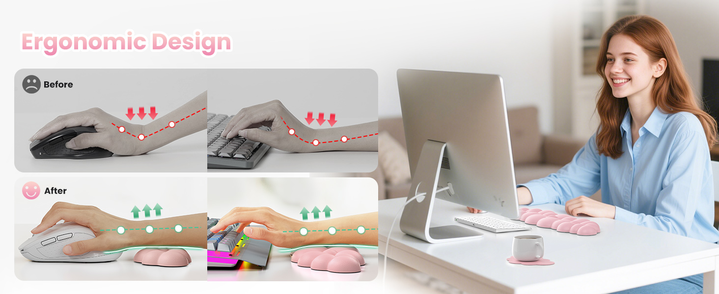 Ergonomic computer accessories comparison: Before shows traditional setup, after displays colorful wrist rests and mouse pad. Woman using ergonomic accessories at desk with desktop computer.