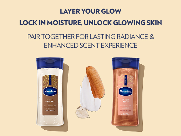 Cocoa Radiant &amp; Sunlit Glow bottles with samples of both and text highlighing benefits of layering.