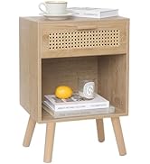 MaxSmeo Rattan Nightstand, Small Wood Bedside Table with Drawer and Shelf, Mid Century End Table ...