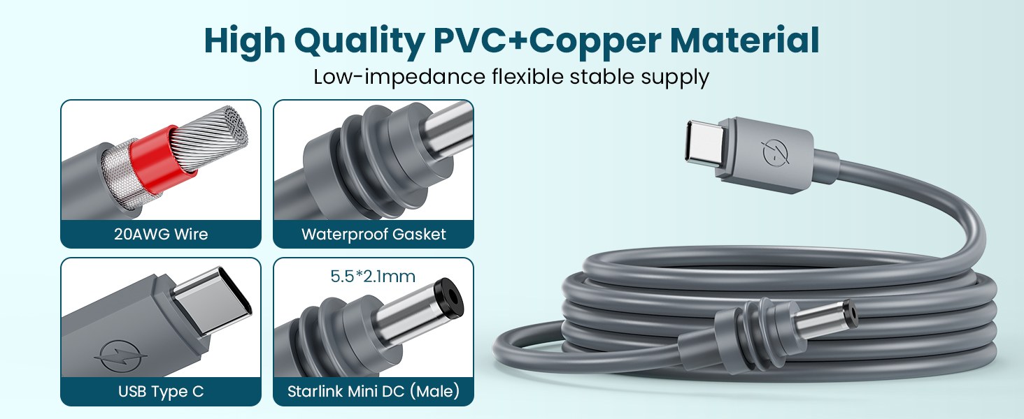 Starlink Mini Cable 10FT, USB-C to DC Power Cable 20AWG