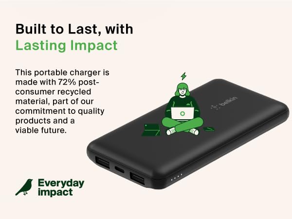Image of belkin portable charging power brick with text reading built to last with lasting impact.