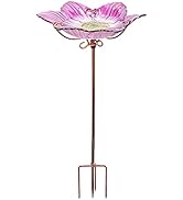 Outdoor Bird Bath Glass Birdbath Garden Birdfeeder with Metal Stake Pink(Height:26inch)
