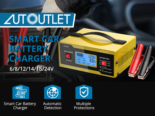 AUTOUTLET 6/8/12/14/24V Battery Charger Automotive Smart Car Battery Charger and Trickle Maintainer