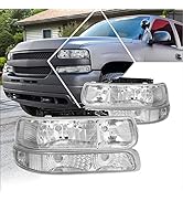 PM PERFORMOTOR [4Pcs-Set] Headlights Assembly+Bumper Lamps Compatible with 99-06 Chevy Silverado ...