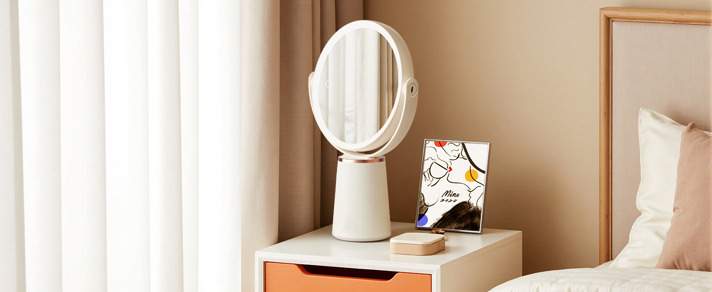 Lighted vanity makeup mirror on bedroom nightstand, perfect for bedside daily makeup and skincare