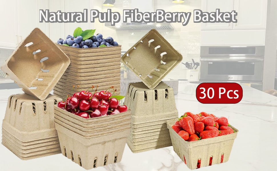 30 Pack Natural Pulp Fiber Berry Basket, Molded Produce Vented Basket Kitchen Supplies