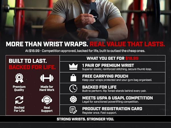 Rip Toned wrist wraps value - 1 pair, carrying pouch, backed for life, USPA approved for $18.99