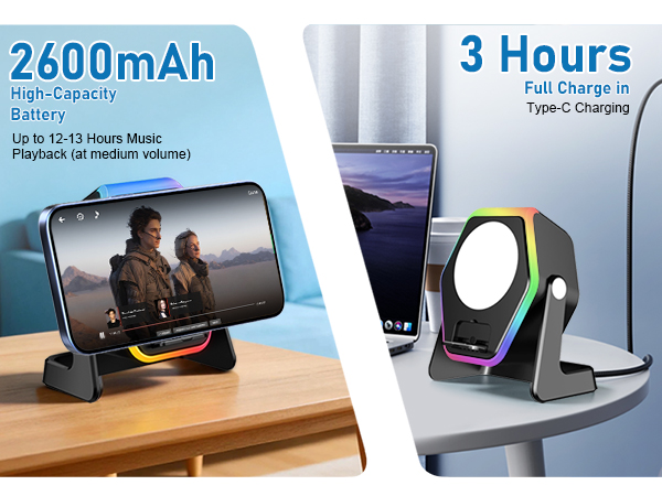 Text reads: '2600mAh Battery', '3 Hours Full Charge Type-C Charging'. Phone charging stand with RGB lighting base shown in use and standalone view.