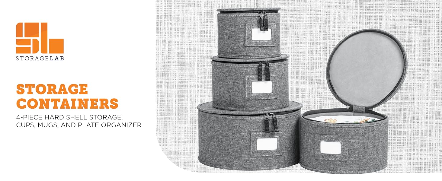StorageLab Storage Containers 4-Piece Hard Shell Storage Cups, Mugs, and Plate Organizer