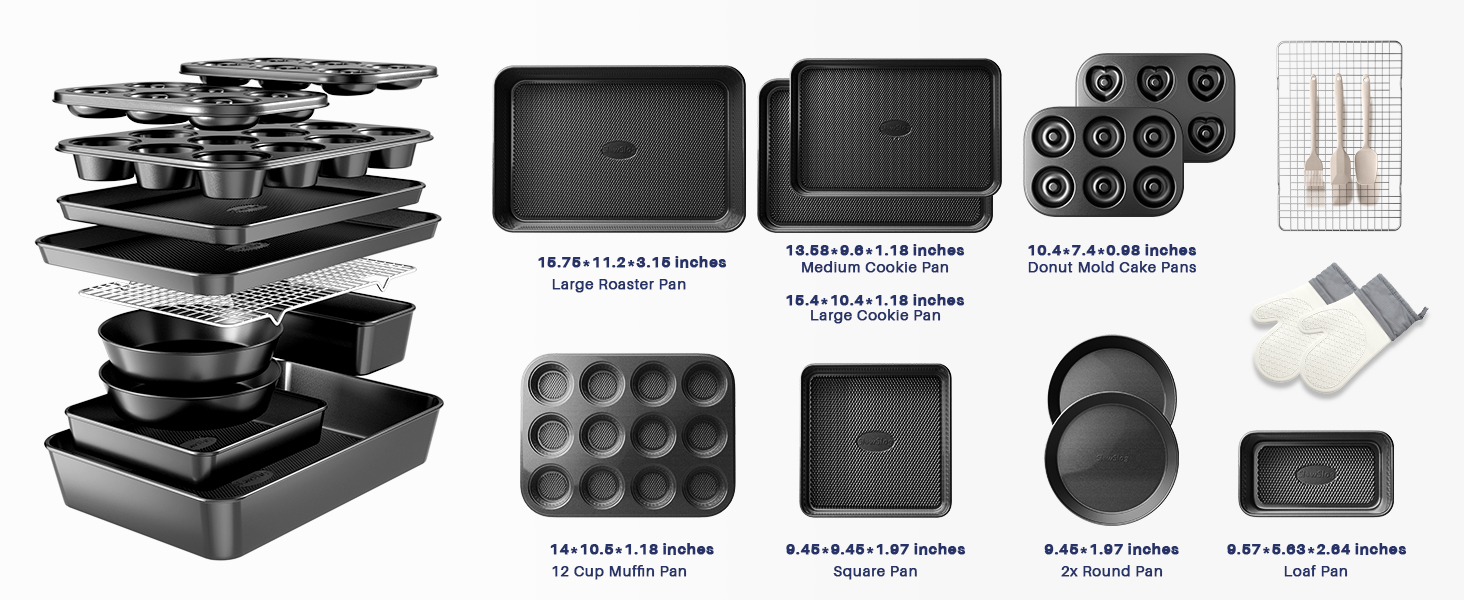 Black Ceramic Coated Bakeware Set - Features Donut Maker, Heart Pan, Oven Mitts