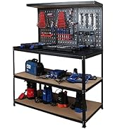 47”Workbench, Heavy-Duty Steel Tool Workbench with Pegboard Shelves, 330Lbs Multipurpose Work Ben...