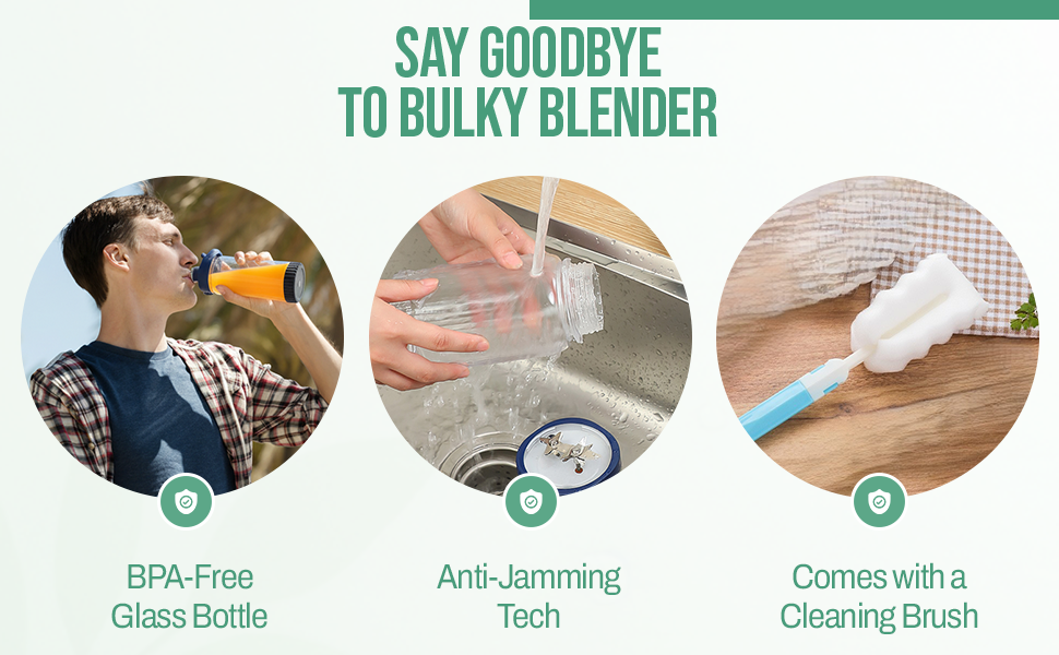Text reads 'SAY GOODBYE TO BULKY BLENDER', 'BPA-Free Glass Bottle', 'Anti-Jamming Tech', 'Comes with Cleaning Brush'. Infographic showing product features with icons.