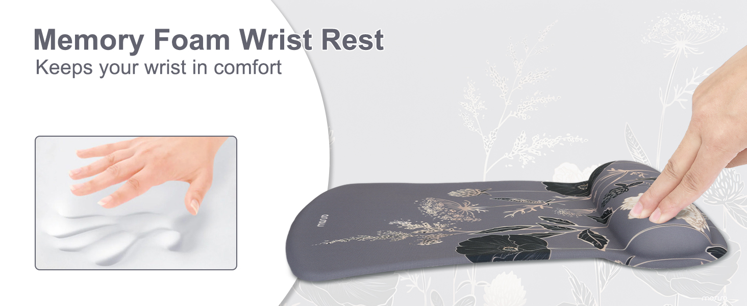 Text reads 'Memory Foam Wrist Rest'. Product demonstration showing gray wrist rest pad being used with keyboard, multiple views of ergonomic support.