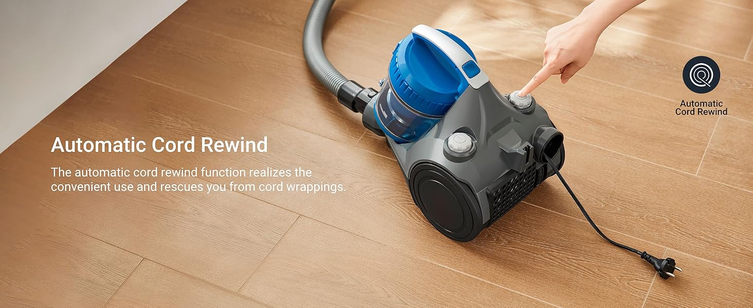 automatic cord rewind function rescues you from cord wrappings