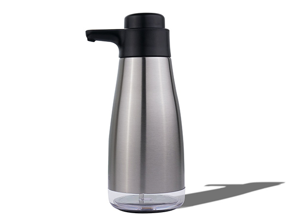 Multiple views of a stainless steel thermal carafe or coffee pot with black lid and handle, shown from different angles