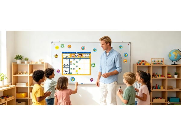 Teacher and students using reward chart in classroom