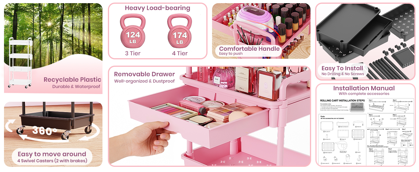 Goovilla rolling cart with drawers,eco-friendly materials,360Â° swivel casters and easy installation