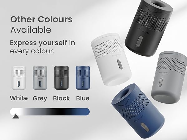 Portable speakers shown in multiple colors - white, grey, black, and blue - with perforated mesh design and cylindrical shape.
