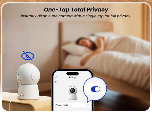 indoor security camera showing Privacy Mode toggle, a woman sleeping in a bedroom.