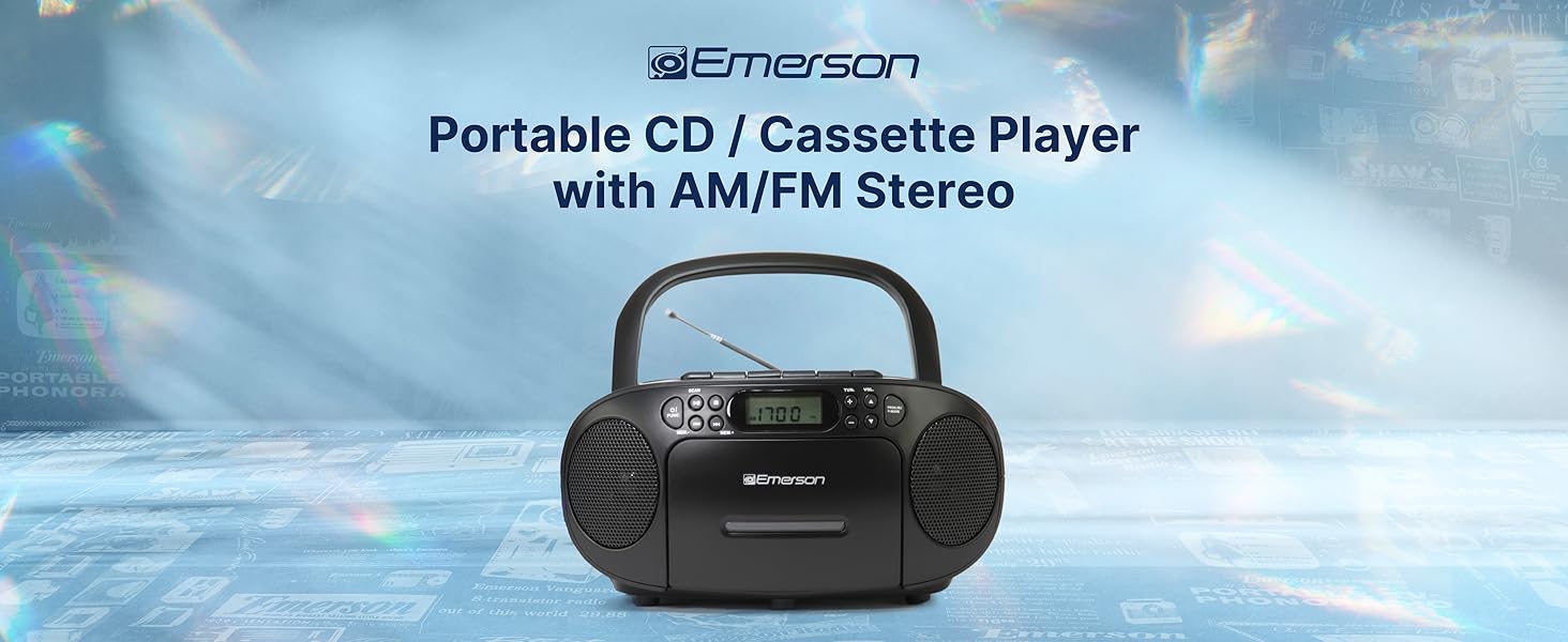 Emerson Portable CD and Cassette Player with AM/FM Stereo, Carrying Handle and Radio Antenna.